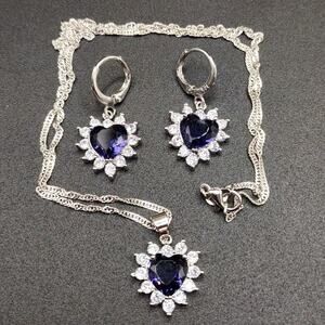925 Silver Purple Lab Amethyst Necklace Earrings Set Valentine's Birthday Gift